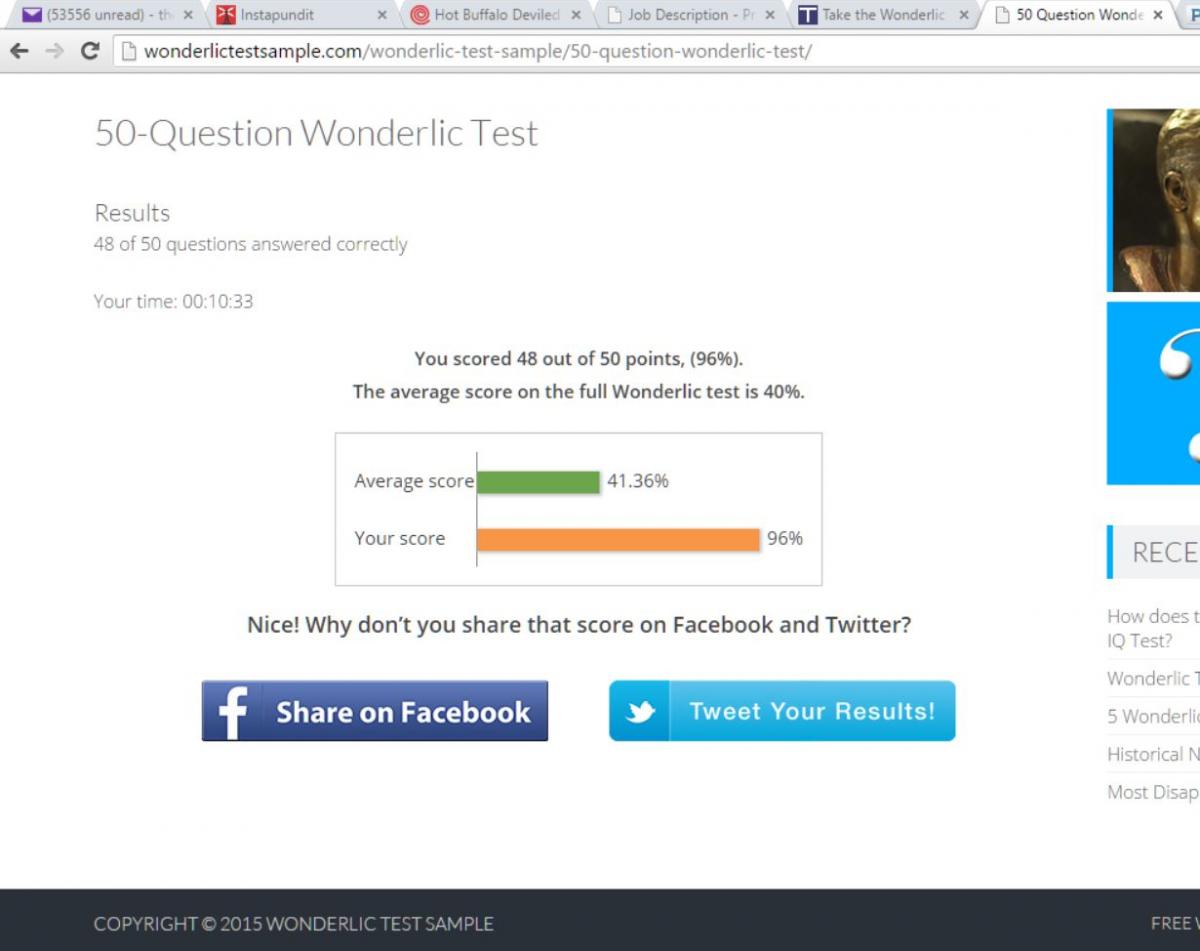 Wonderlic Test Score Chart